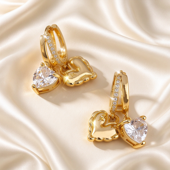 Heart-Charm Zircon Hoop Earrings