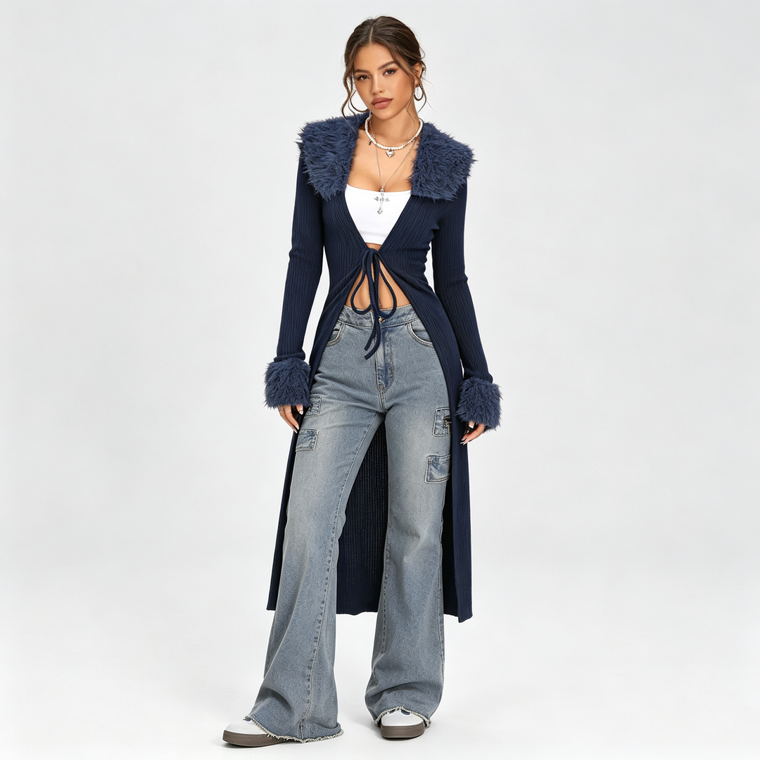 The Elara Plush-Trim Longline Knit Cardigan