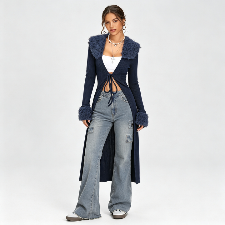 The Elara Plush-Trim Longline Knit Cardigan