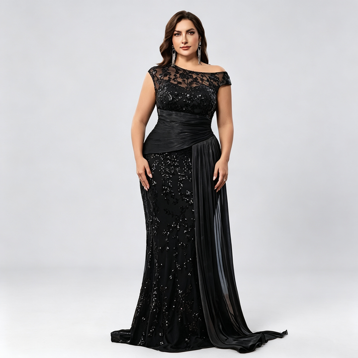 The Elara Asymmetric Sequin Draped Evening Gown