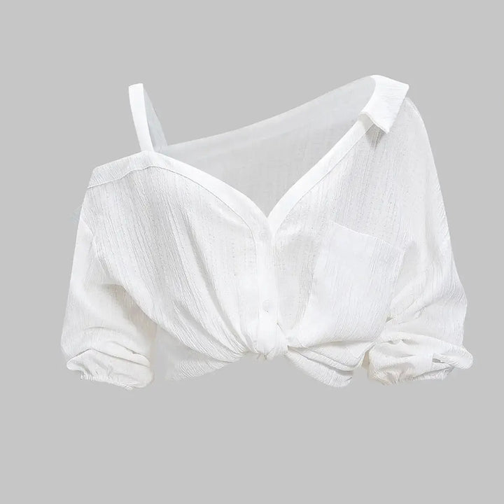 The Elara Asymmetric Cold Shoulder Textured Blouse