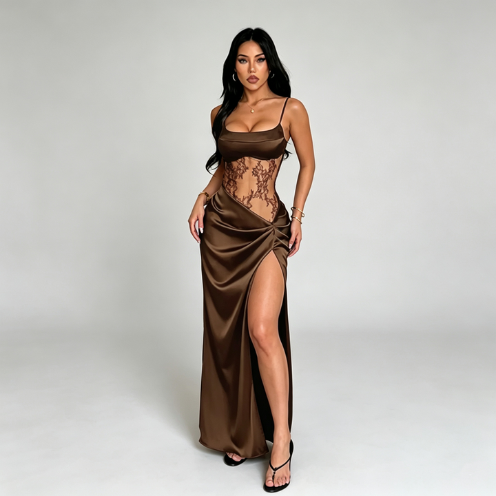 The Elara Lace Illusion High-Slit Maxi Dress