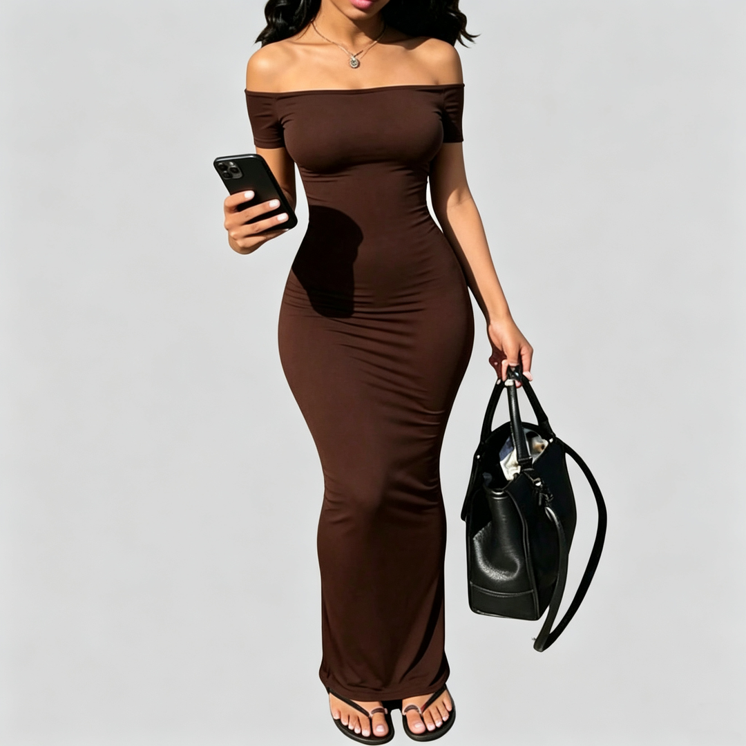 The Elara Off-Shoulder Sculpt Maxi Dress