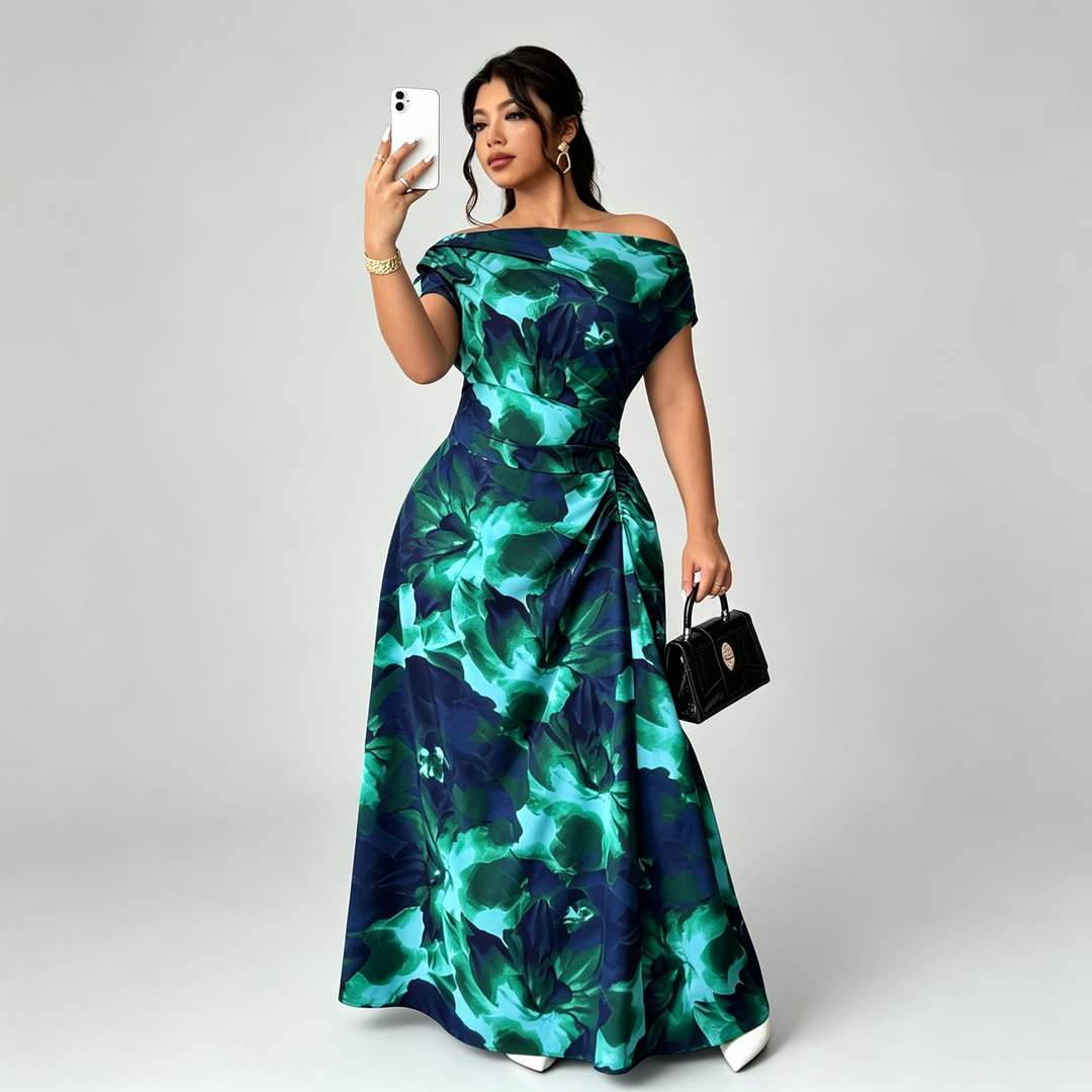 The Elara Watercolor Bloom Off-Shoulder Maxi Dress