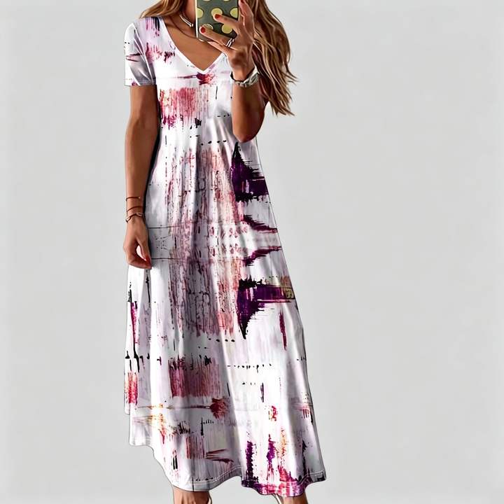 The Elara Abstract Brushstroke V-Neck Maxi Dress