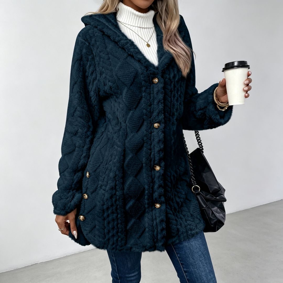 The Elara Sherpa Hooded Button Coat