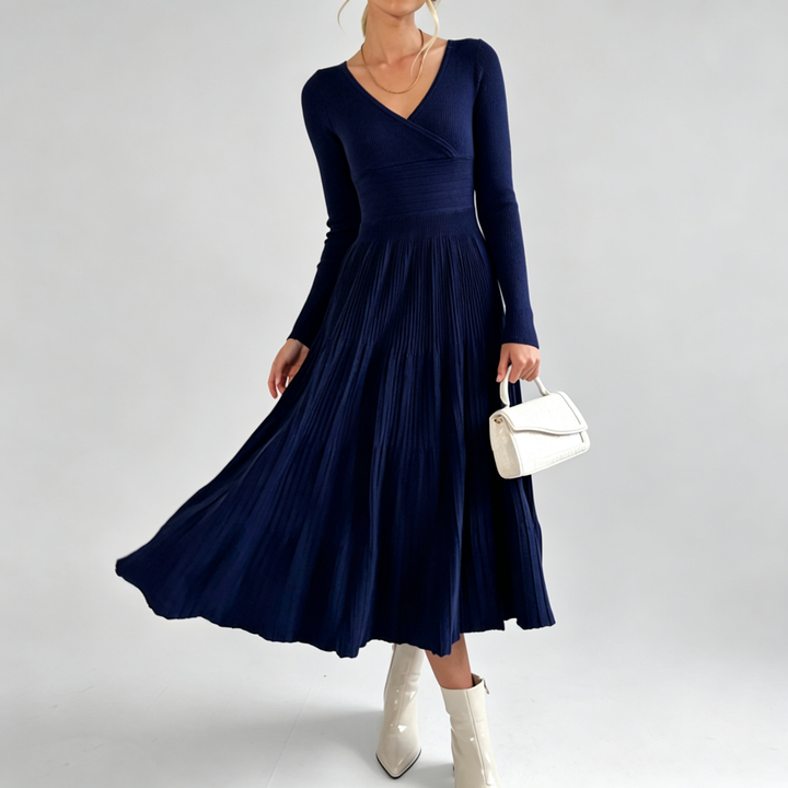 The Elara Wrap Pleated Knit Midi Dress