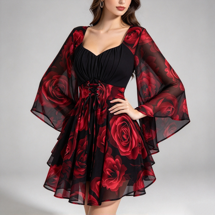 The Elara Rose-Print Lace-Up Chiffon Romper