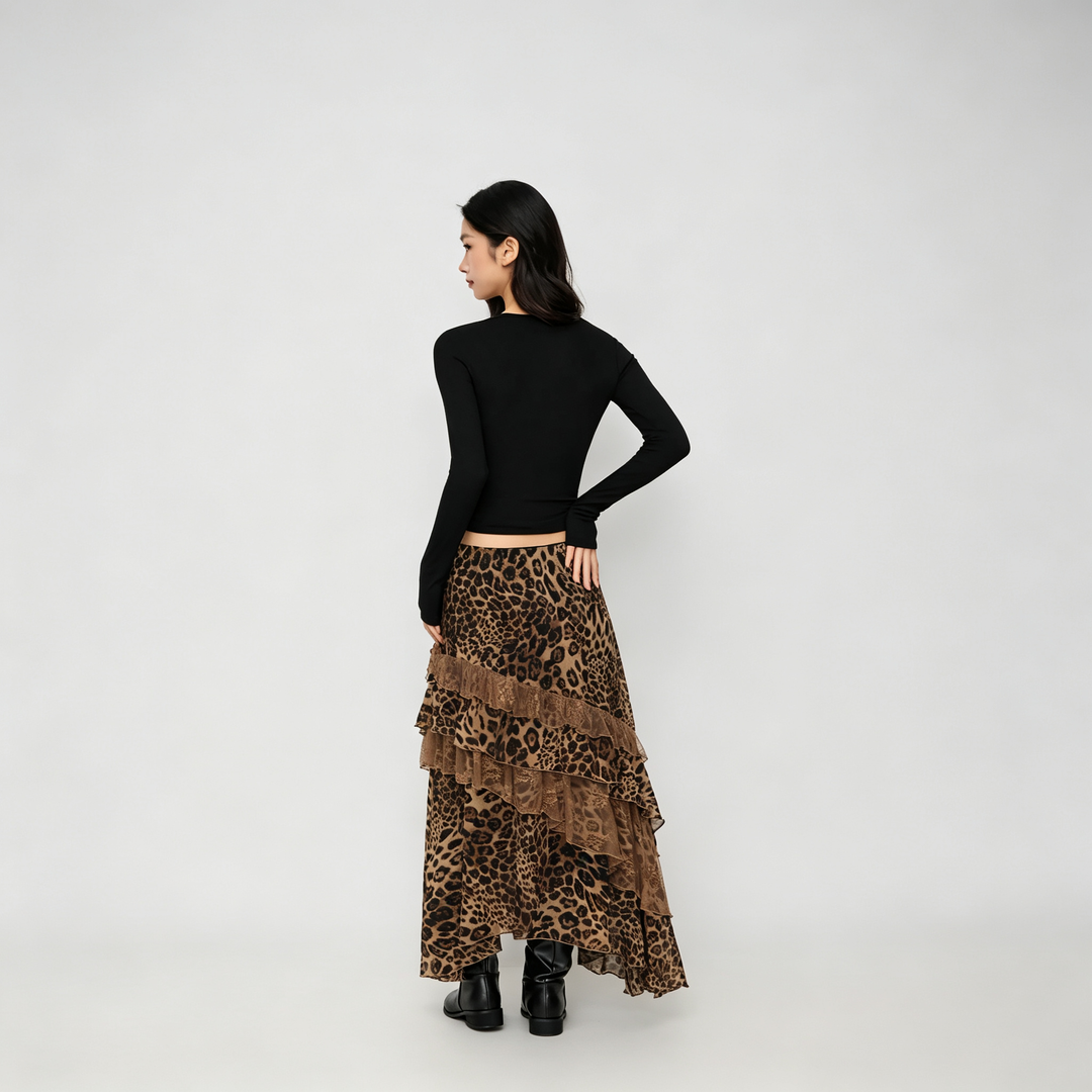 The Elara Leopard Lace Layered Maxi Skirt