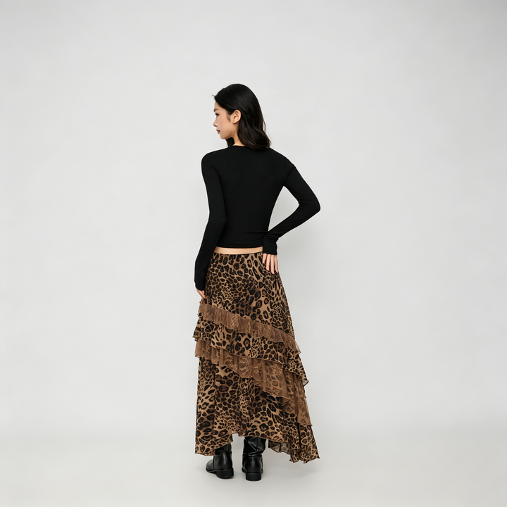 The Elara Leopard Lace Layered Maxi Skirt