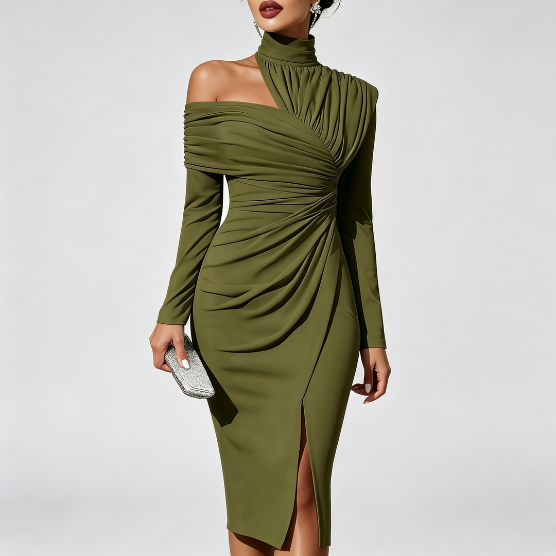 The Elara Asymmetric Ruched Midi Dress
