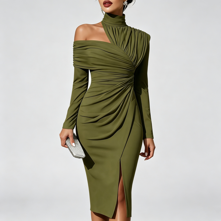 The Elara Asymmetric Ruched Midi Dress