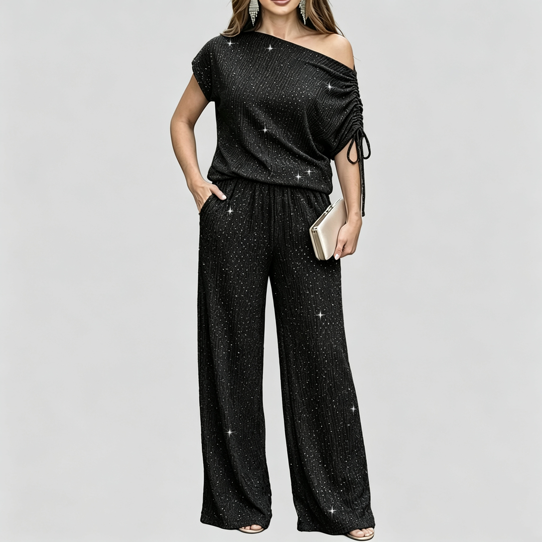The Elara Sparkle Ruched One Shoulder Wide Leg Set