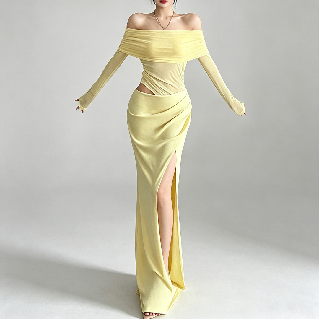 The Elara Off-Shoulder Mesh Maxi