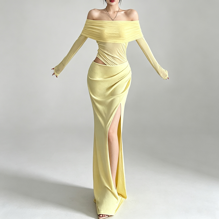 The Elara Off-Shoulder Mesh Maxi