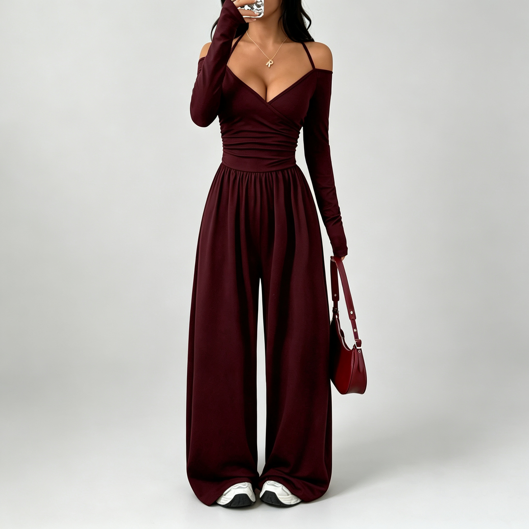 The Elara Off Shoulder Wrap Wide Leg Jumpsuit