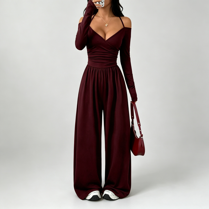 The Elara Off Shoulder Wrap Wide Leg Jumpsuit