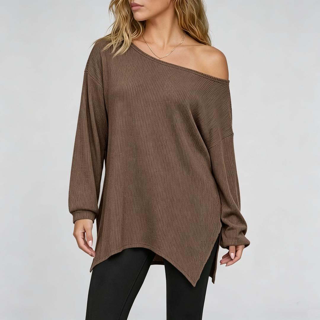 The Elara Asymmetric Off-Shoulder Ribbed Tunic