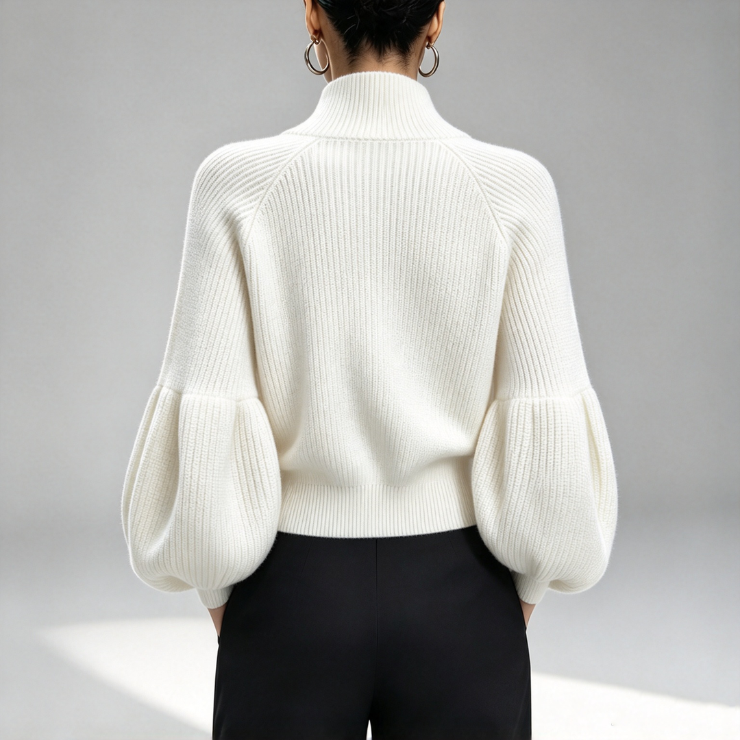 The Elara Balloon-Sleeve Zip Knit Cardigan