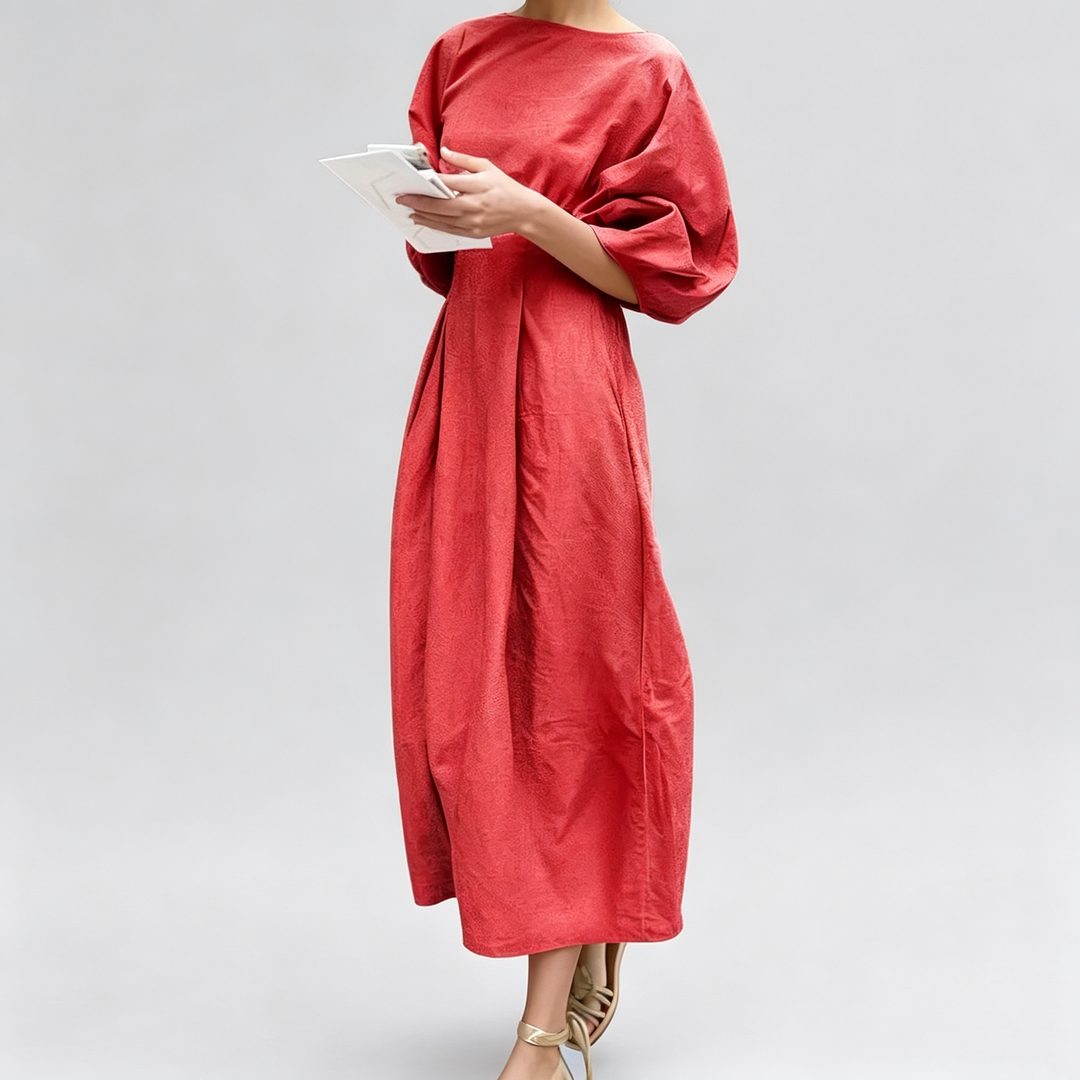 The Elara Lantern Sleeve Linen Blend Midi Dress