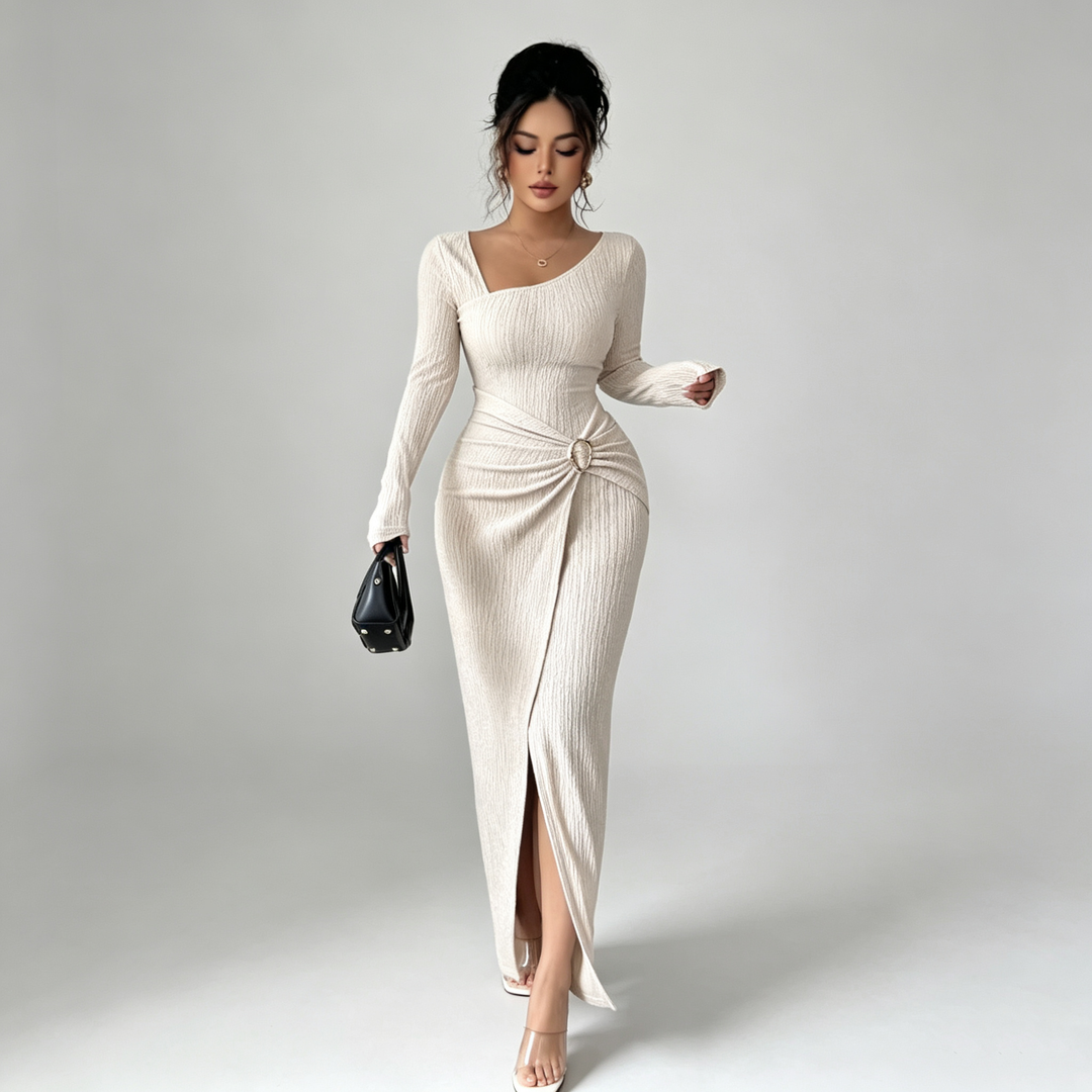 The Elara Asymmetric Buckle Wrap Maxi Dress