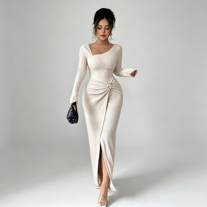 The Elara Asymmetric Buckle Wrap Maxi Dress