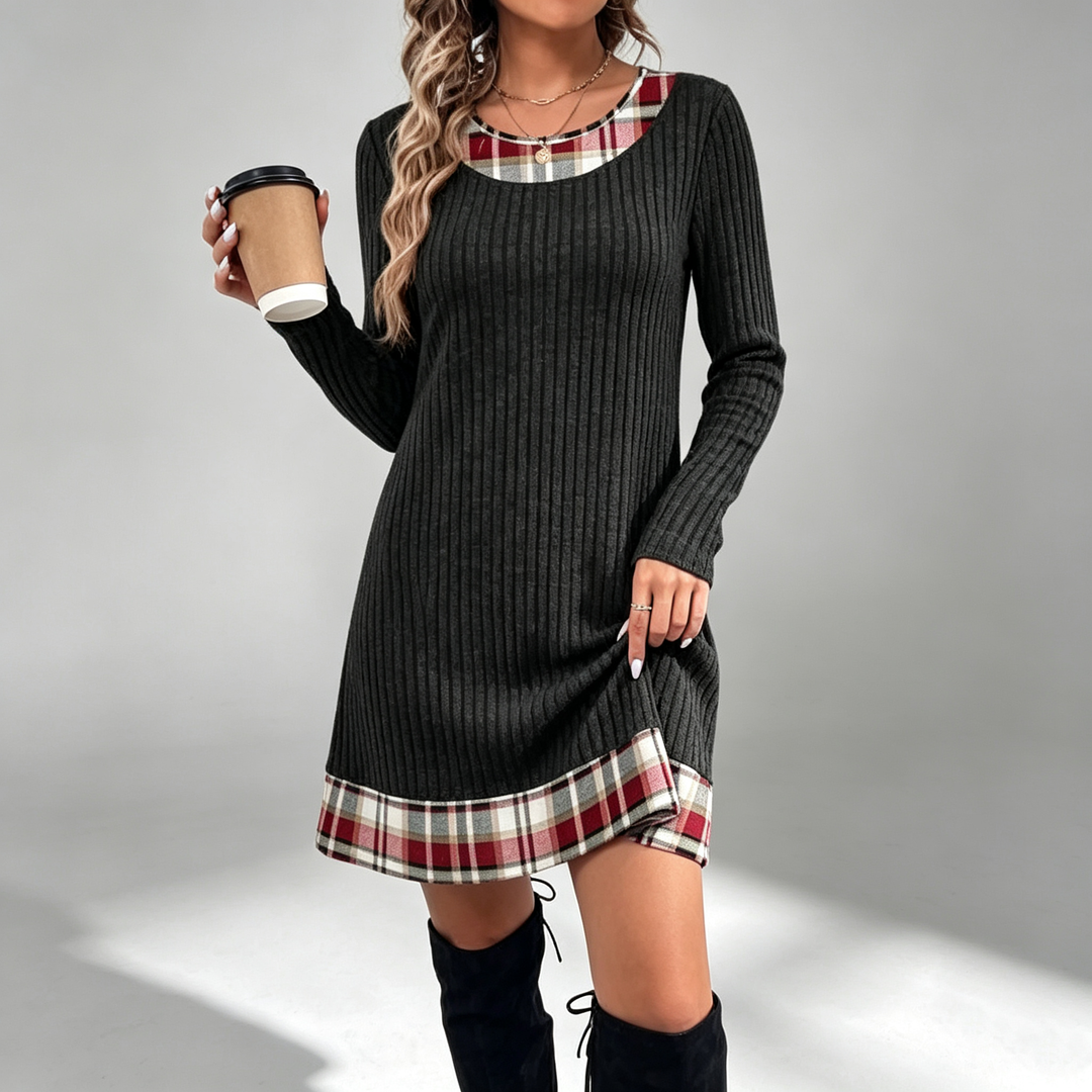 The Elara Plaid-Trim Ribbed Mini Dress