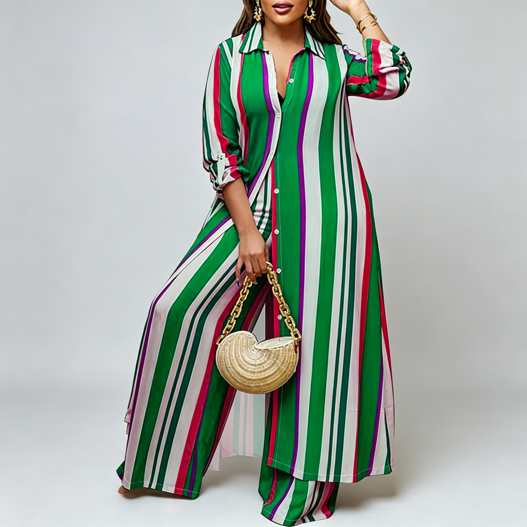 The Elara Plus Striped Shirt Wide-Leg Set