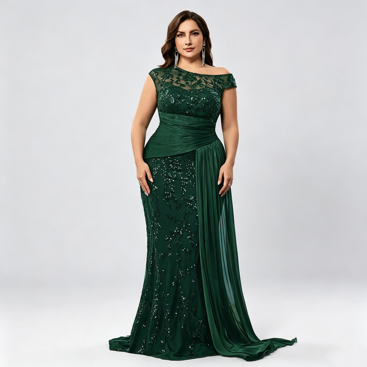 The Elara Asymmetric Sequin Draped Evening Gown