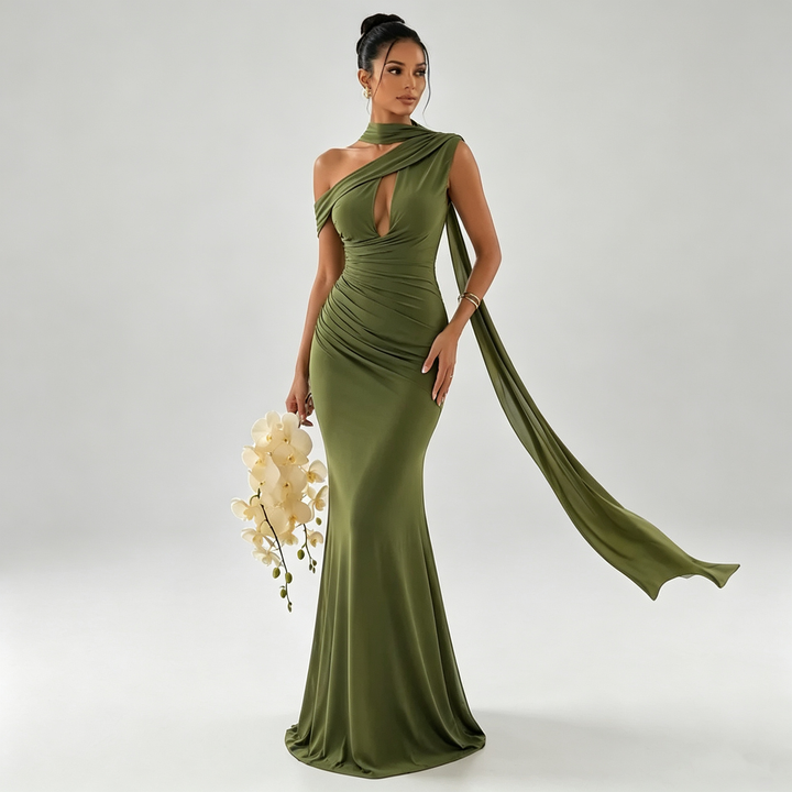 The Elara Riviera Scarf One-Shoulder Gown