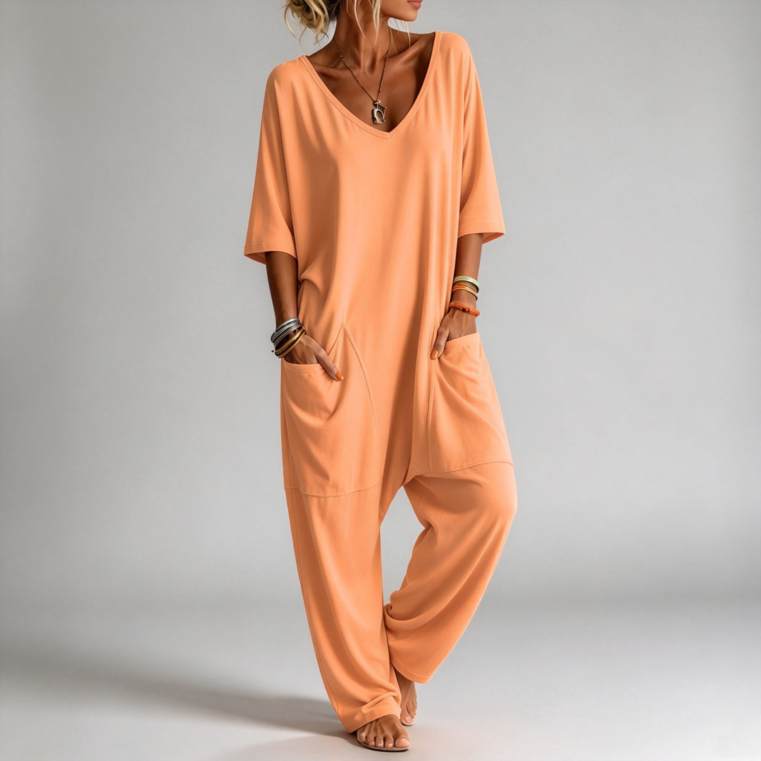 The Elara Relaxed V-Neck Pocket Jumpsuit