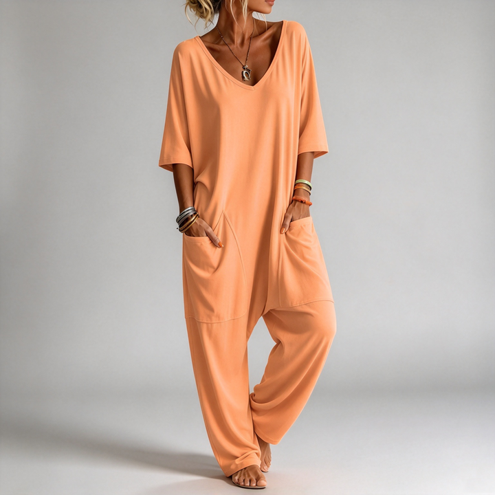 The Elara Relaxed V-Neck Pocket Jumpsuit