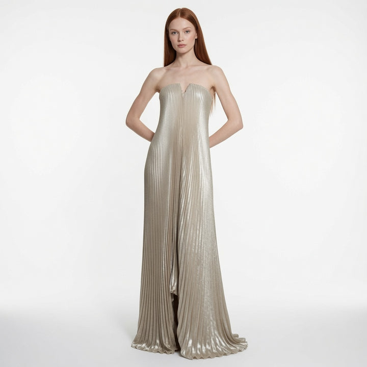 The Elara Metallic Strapless Pleated A-Line Maxi Dress