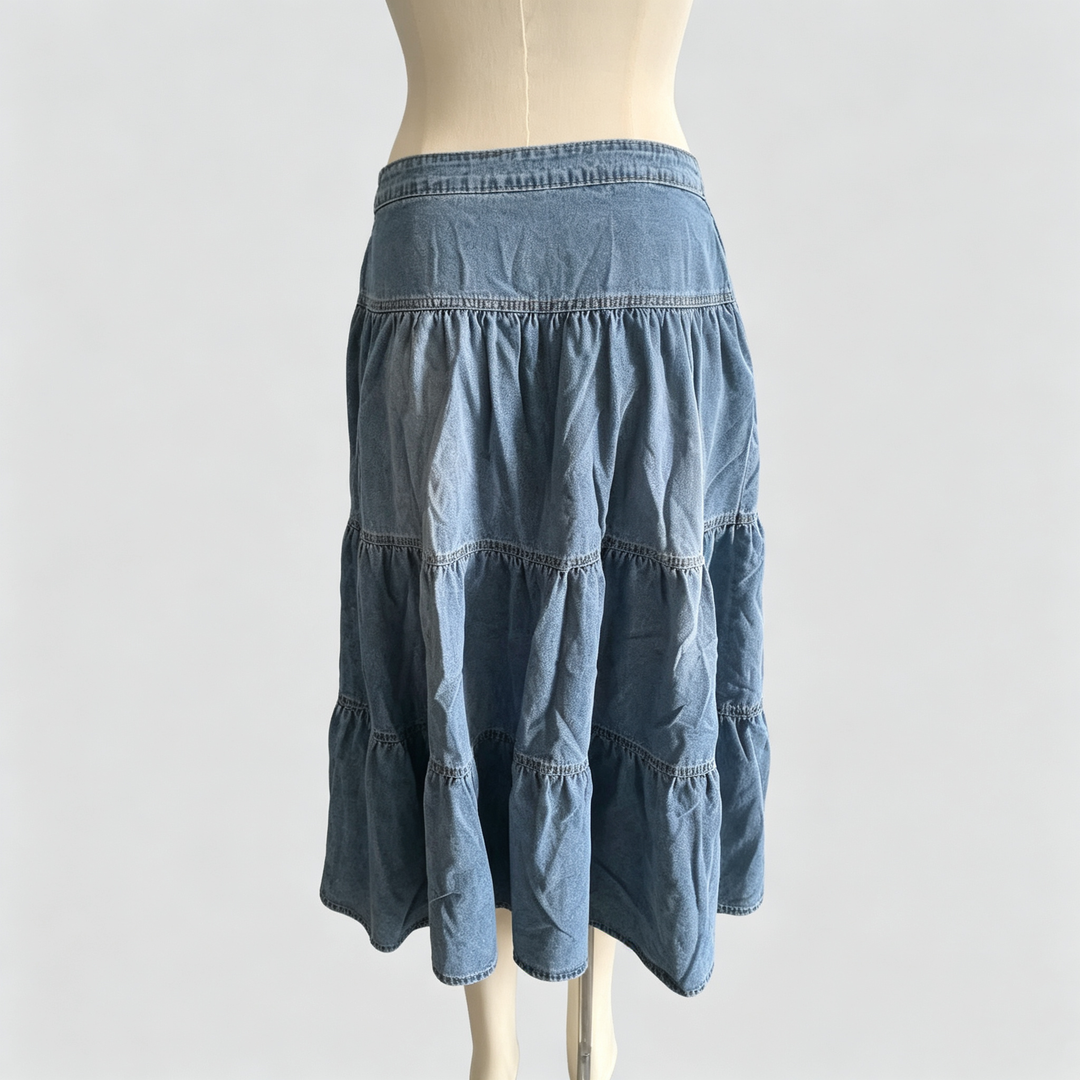 The Elara Tiered Denim Maxi Skirt