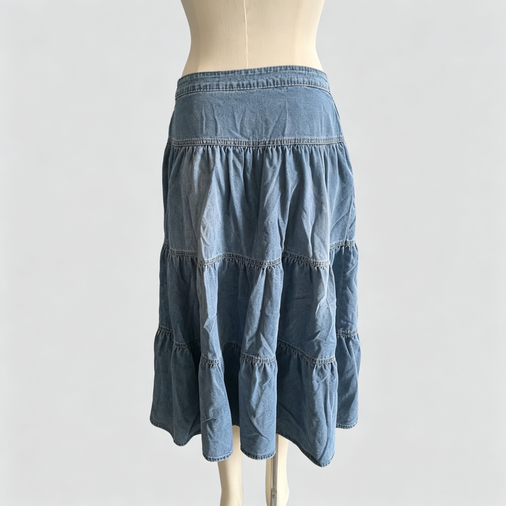 The Elara Tiered Denim Maxi Skirt