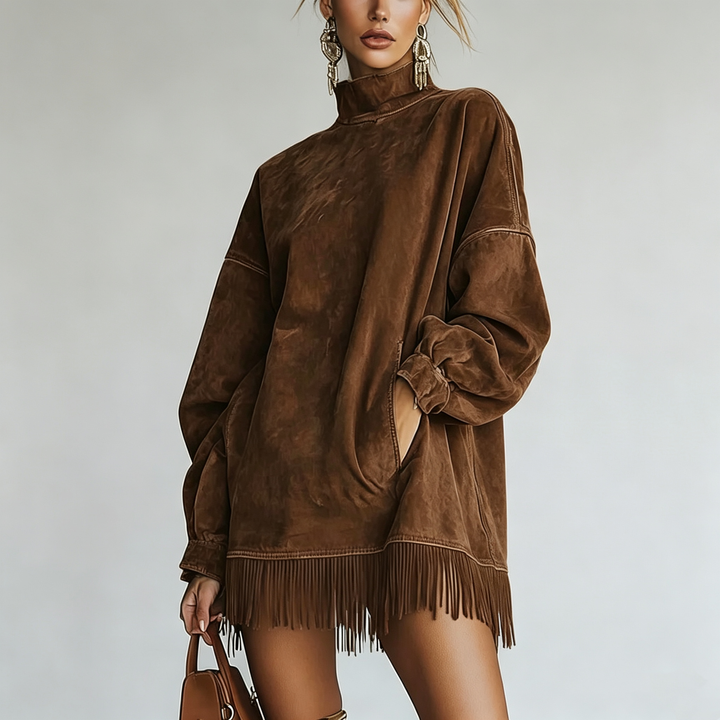 The Elara Suede Fringe Tunic Top