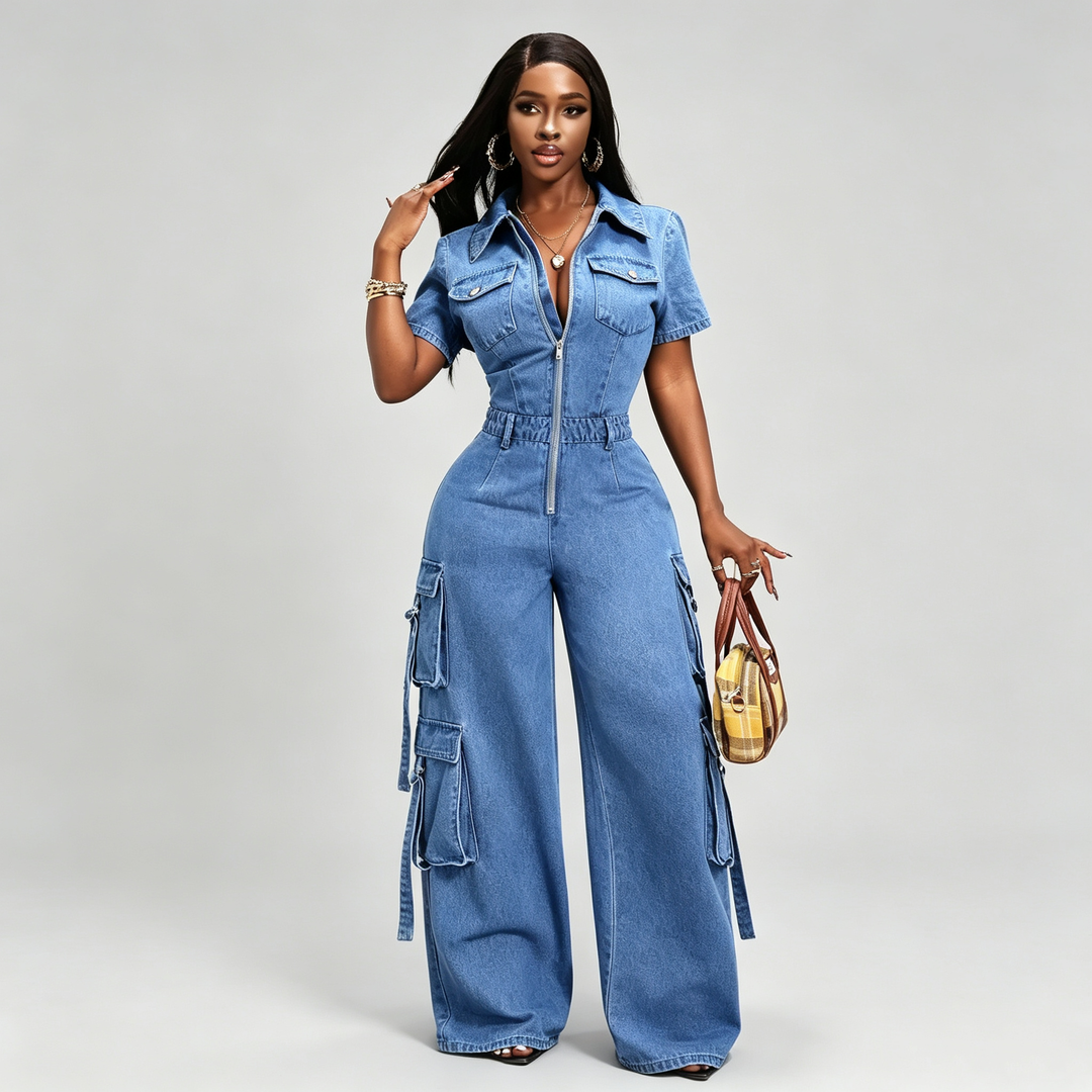 The Elara Utility Denim Wide-Leg Jumpsuit