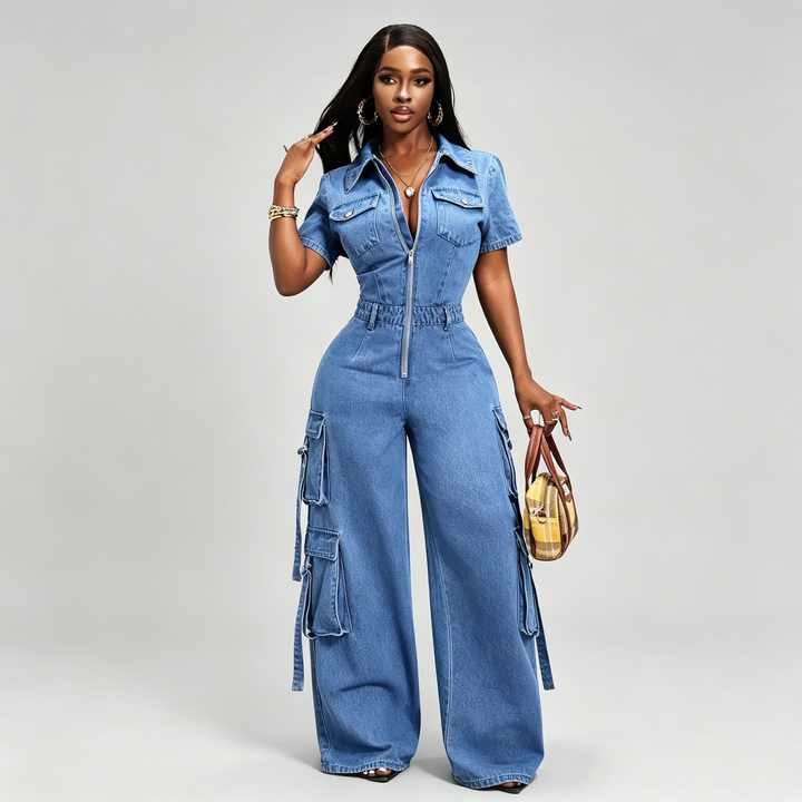 The Elara Utility Denim Wide-Leg Jumpsuit