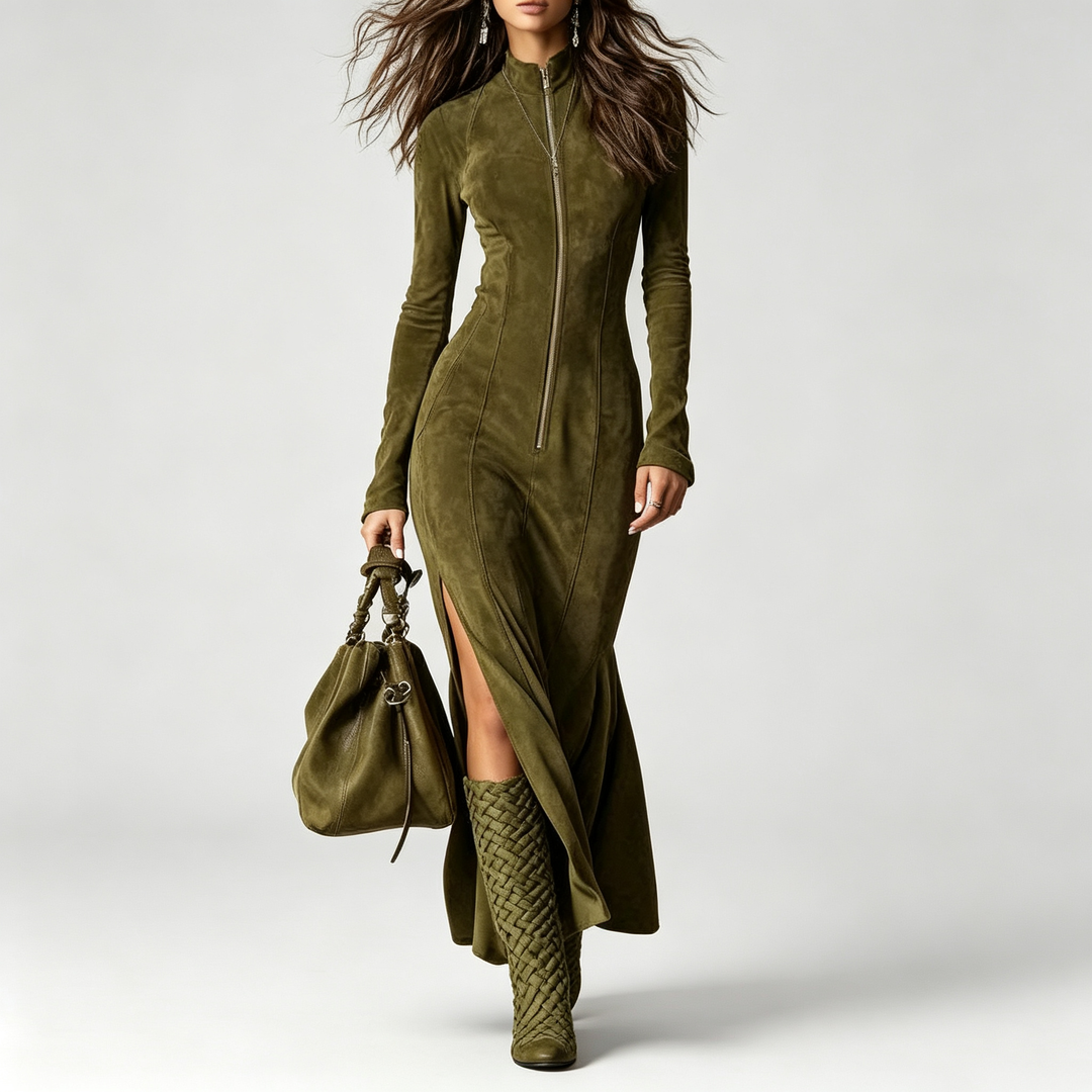 The Elara Suede Belted Zip Maxi Dress