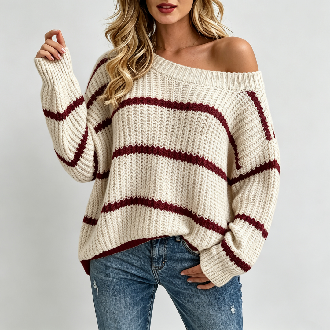The Elara Asymmetrical Stripe Knit Sweater