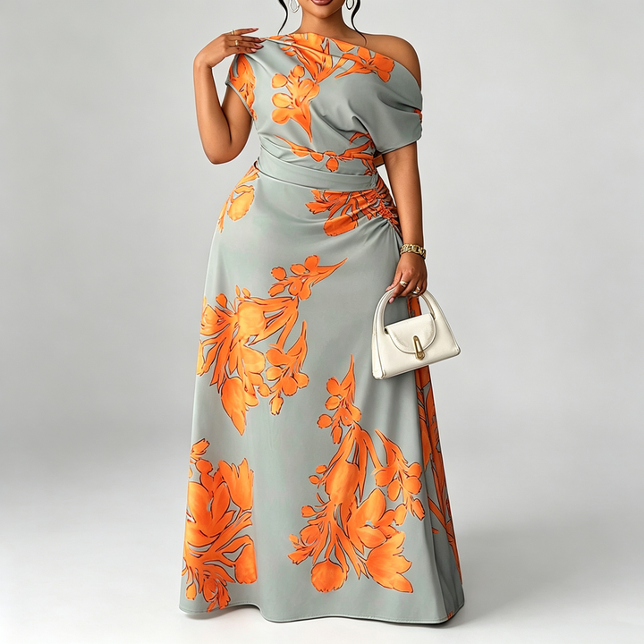 The Elara Asymmetrical Floral Draped Maxi Dress