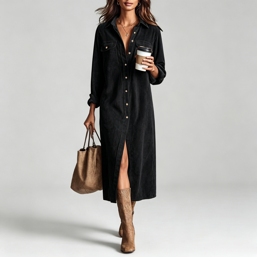 The Elara Corduroy Button-Down Midi Dress