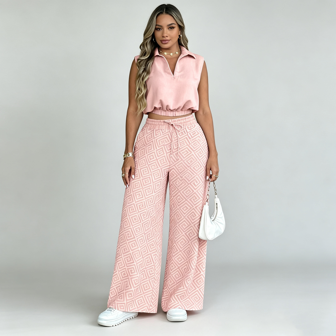 The Elara Collared Geo Wide-Leg Set
