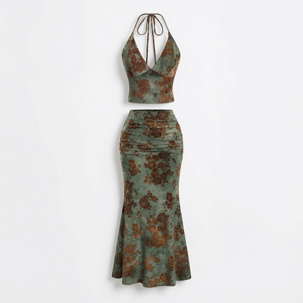 The Elara Floral Halter Deep V Ruched Fishtail Set