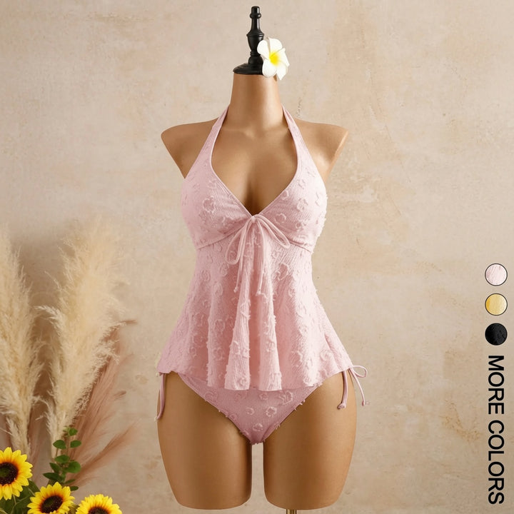 The Elara Floral Textured Halter Tankini Set with Tie Front