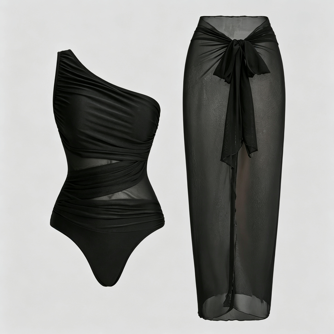 The Elara One-Shoulder Mesh Sarong Swimsuit Set
