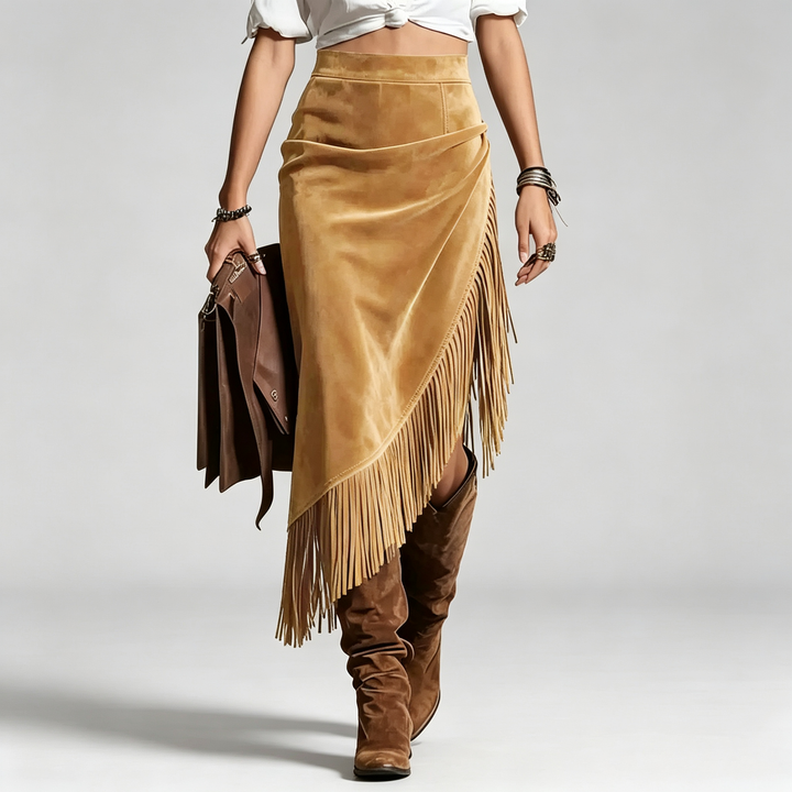 The Elara Western Fringe Faux Suede Midi Skirt