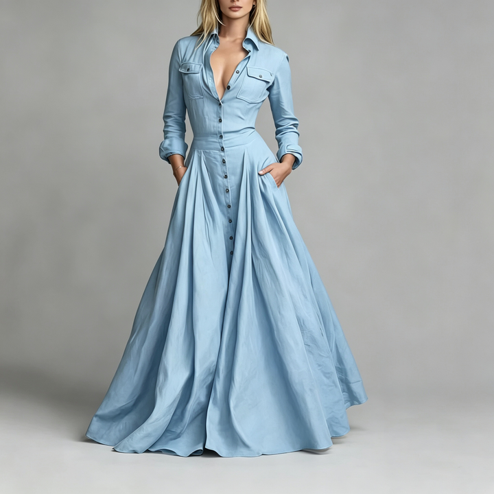 The Elara Button-Front Shirt Maxi Dress