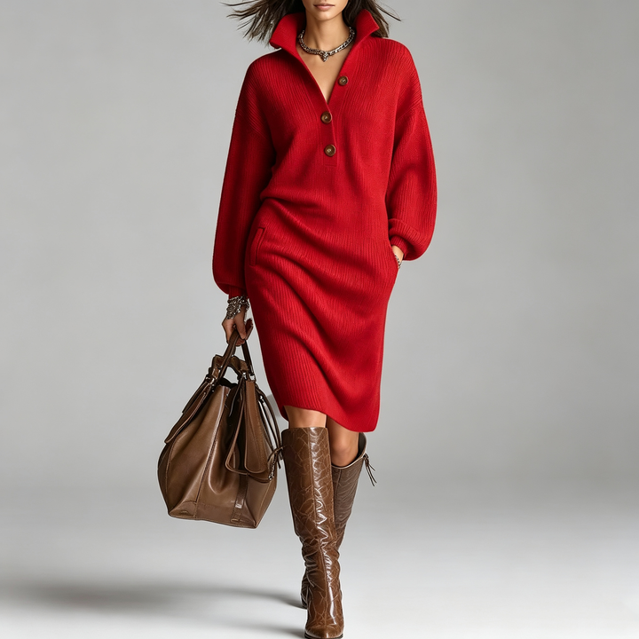 The Elara Button-Collar Ribbed Knit Midi Dress