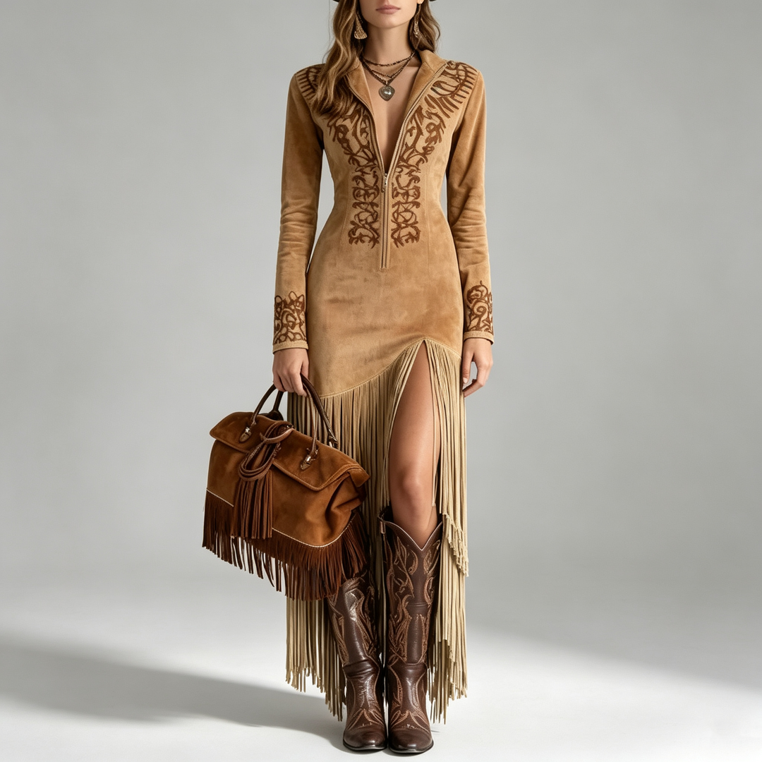 The Elara Embroidered Fringe Suede Maxi Dress